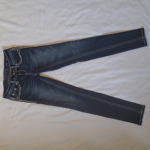 Grace in LA Denim - Grace in LA Embroidered Embellished Skinny Denim Blue Jeans 25